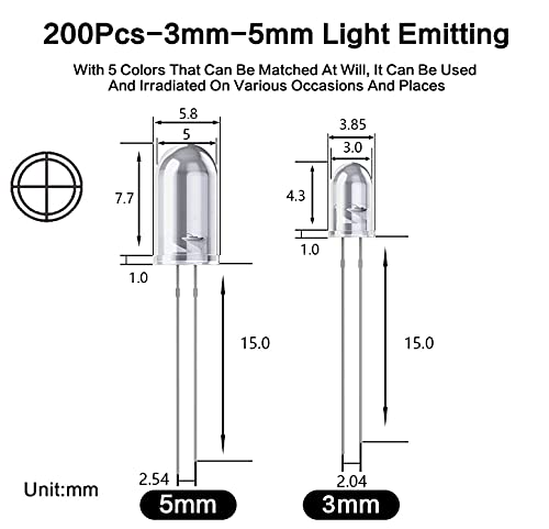 200 Pcs Diodo Led, Yiwanson Luzes Diodos Led 3Mm 5Mm Claro Led Diodos Emissores de Luz Lâmpada Led L