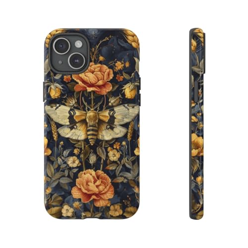 Coque iPhone 15 Plus rigide anti-rayure fleurie et dorée