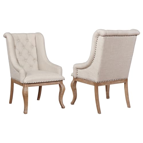 Coaster Home Furnishings - Brockway - Set of 2 Fabric Arm Chairs - Button Tufting, Nailhead Trim, Rolled Arms - Transitional - Dining Room and Kitchen - Cream and Barley Brown - 110293
