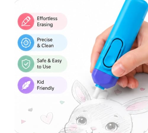 Image of Cute Electric Eraser for Kids with Built-in Fan & 12 Refills | Battery Operated Automatic Eraser for Drawing, Sketching, Homework & School Projects for Boys & Girls (Multicolor)