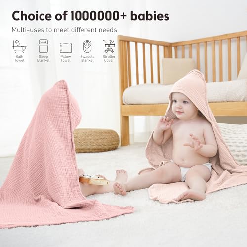 Image of Susurration Hooded Baby Towels for Newborn 2 Pack 100% Muslin Cotton Towel for Babies，Highly Absorbent and Newborn Essential (Pink)