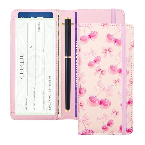 FinestHouse Letter Checkbook Cover RFID Blocking Checkbook Stylish Lightweight Slim Durable Multi-Functional Checkbook Holder for Personal and Business Checks (Cherry-Pink)