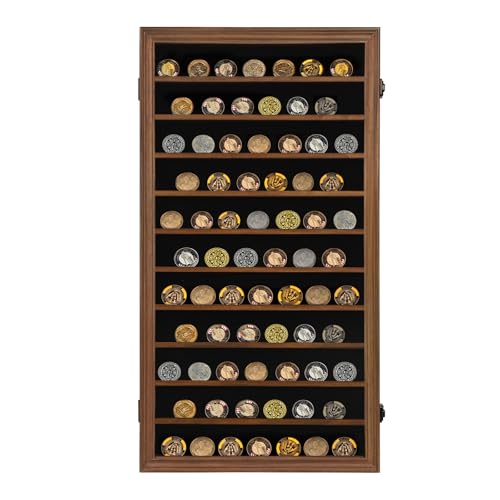Image of Jinchuan Military Challenge Coin Display Case Lockable Cabinet Rack Shadow Box with Removable 2 Grooves Shelves and Anti Fade Acrylic Glass for Casino Poker Chips Collectibles, Extra Large - Walnut