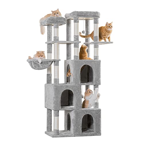 Image of MWPO Extra Large Cat Tree - 70.1-Inch Tall Cat Tower with 3 Cat Condos, Multi-Level Cat Stand for Large Cats Featuring Scratching Posts, Padded Perches, Hammock, Dangling Toys, Light Grey