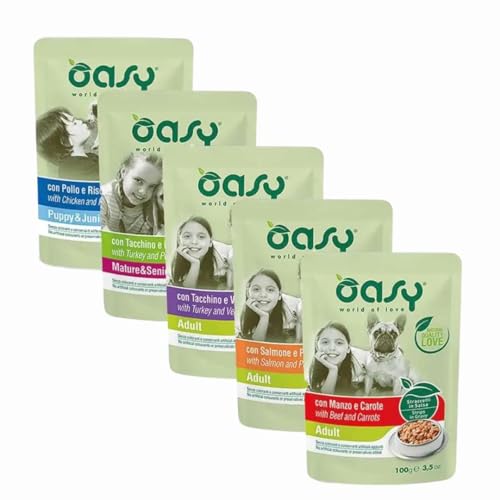 Oasy umido cane STRACCETTI in salsa, almento completo in bustine per cani di tutte le taglie | 24 bustine da 100 grammi l'una GUSTI ASSORTITI.