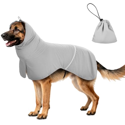 Wasserdichter Hunderegenmantel mit Reflektorstreifen & Leinenöffnung - Atmungsaktiver Regenjacke für Hunde Aller Größen, Winddicht und Verstellbar für Kleine, Mittelgroße & Große Hunde (Grau, M)