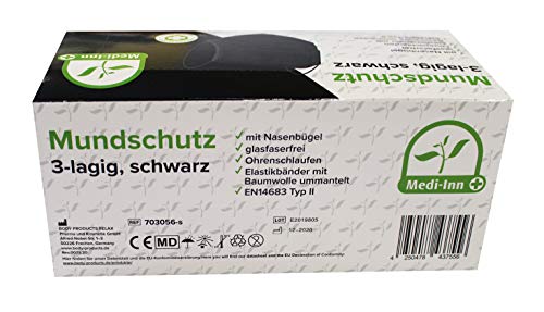 Medi-Inn+ Mundschutz Atemschutz Gesichtsmaske Einwegmaske mit Elastikbändern Typ II 3-lagig schwarz – Bild 3