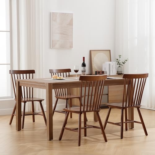 LZAREAL Windsor Dining Chairs Farmhouse Dining Chairs Set of 4 Modern Wood Kitchen Chairs Mid Century French Country Spindle Chair for Dinning Room Kitchen Restaurant Bar Canteen Library, Walnut