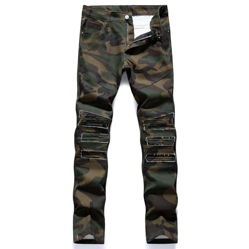 Men's Casual Military Cargo Pants Jeans Camo Trousers Ripped Holes Denim Biker