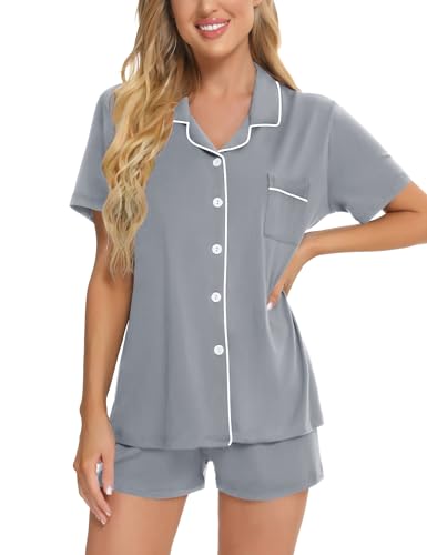 Image of SWOMOG Womens Button Down Pajamas Set Short Sleeve Sleepwear Bride Soft Pj Lounge Sets XS-3XL