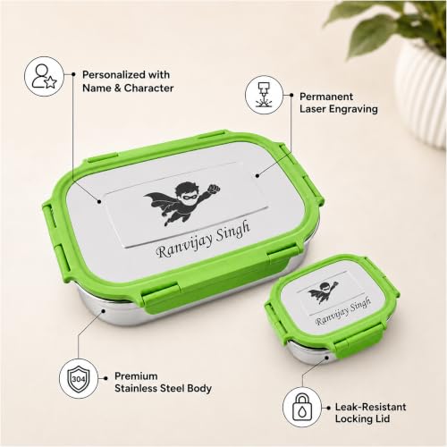 Image of SAVRI Personalized Stainless Steel Lunch Box Set with Name & Character Engraved - Big Tiffin with Small Box - Perfect for Kids, Birthdays, Return Gifts, School Use - (Green)
