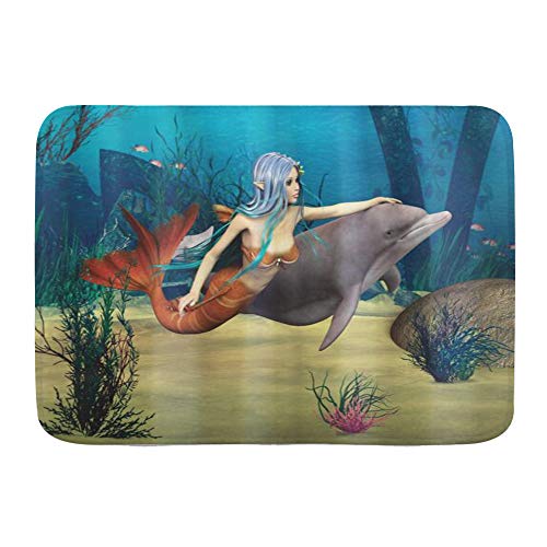 QIUTIANXIU Tapis de Bain Antidérapant Absorbant,Fairy Marine Cute Mermaid Girl and Dolphin Fish Swimming Underwater in Blue Ocean Image,Tapis de Salle de Bains pour Douche Baignoire Toilette Cuisine Cover