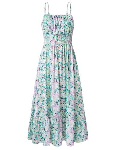 Image of GRACE KARIN Summer Dresses for Women 2026 Vacation,Smocked Floral Maxi Dresses,Boho Beach Long Sundress Green Flower XL
