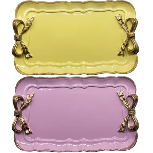 Cayway 2 Stück Tablett im Vintage Stil, Vintage Tablett aus Harz, Schleife Knoten Harz Teller für Handtuch Tablett, Obst Tabletts Ringe Armbänder Ohrringe Halter, Lila und Gelb