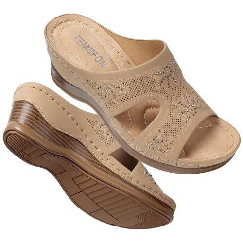 Image of TEMOFON Women Wedge Sandals Dressy: Comfortable Lightweight Summer Shoes | Low Wedge Heel - Fit Wide Feet - Comfy Stylish Slip on Sandals Size 5-11