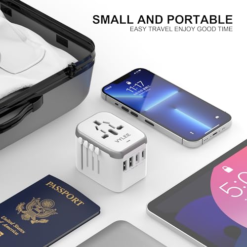 Image of VYLEE Universal International Power Travel Plug Adapter, 5 in 1 European Travel Plug Adapter W / 3.5A 2xUSB-A and 2xUSB C Wall Charger and Worldwide AC Outlet for Europe USA UK AUS Asia (White Grey)