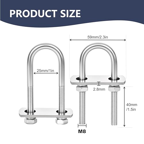 Image of 8 Sets M8 U-Bolts,u-Bolts 1 inch (25mm) Wide,U-Bolts with Nuts