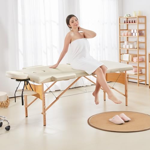 Yaheetech Massage Table Portable Lash Beds Spa Bed Massage Couch Foldable Spa Tables Adjustable 2 Fold with Non-Woven Bag 28 inch, Cream - Image 3