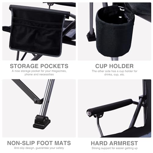 Image of EVER ADVANCED Oversized Folding Camping Chair, Heavy Duty Lawn Chair with Side Pockets, Portable Collapsible Chair for Outside, Support Up to 500lbs, Black