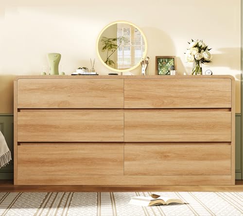 Image of TEENFON 55 inch Dresser for Bedroom with 6 Drawers, Dressers & Chests of Drawers with Curved Profile Design, 6 Drawer Dresser, Bedroom Dressers, Wood Dressers for Bedroom, Hallway, Natural