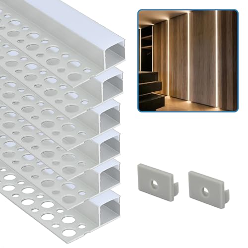 LED Profile 6 Pack, Plaster-in LED Aluminium Profile 3.3ft/1M, Diffuser Channel Trimless Recessed Single-Sided, Strip Diffuser with Milky Diffuser for Strip Lights for Wall/Ceiling/Cupboard/Corridor