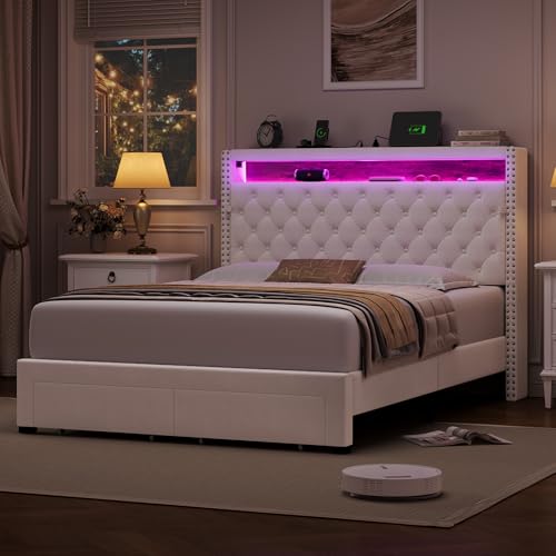 HIFIT Queen Bed Frame with Storage Headboard, Velvet Platform Bed Frame with Drawers & LED - Beige