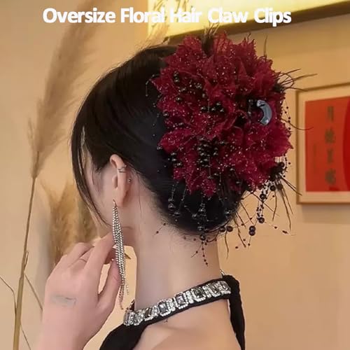 Pinza para cabello roja con moño y cuentas grande miniatura 2