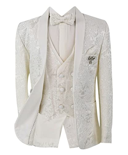 Jungen gemusterter Kommunion-Smoking, elfenbeinfarbener Anzug, Slim Fit, 5-teiliges Set für besondere Anlässe, Geburtstag, Hochzeit, Abendessen, Abschlussball Party Alter: 4 Jahre Cover