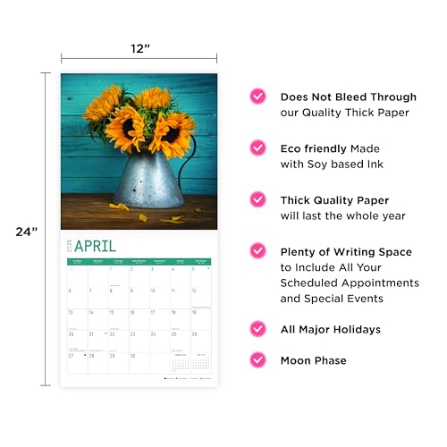 Calendário de parede mensal de girassóis 2025 da Bright Day, 30,5 x 30,5 cm, lindas flores de Helian