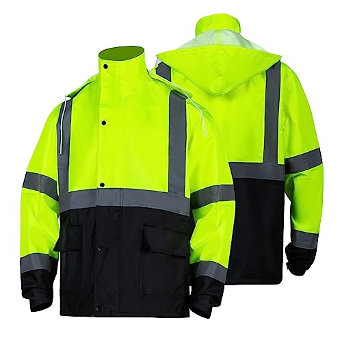 Class 3 High Visibility Rain Suit With Detachable Hood Waterproof Lime Reflective Safety Worker Jacket & Pants (L/XL Yellow) - Image 3