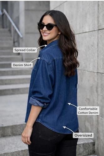 Image of FUNDAY FASHION Women Oversized Fit Solid Casual Denim Shirt