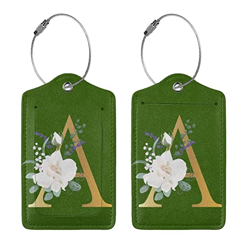 2 PCS Flower Lette A Luggage Tag for Suitcases Leather Travel Cruise Luggage Tags with Stainless Steel Loop Privacy Cover Id Label Suitcase Tags Green3