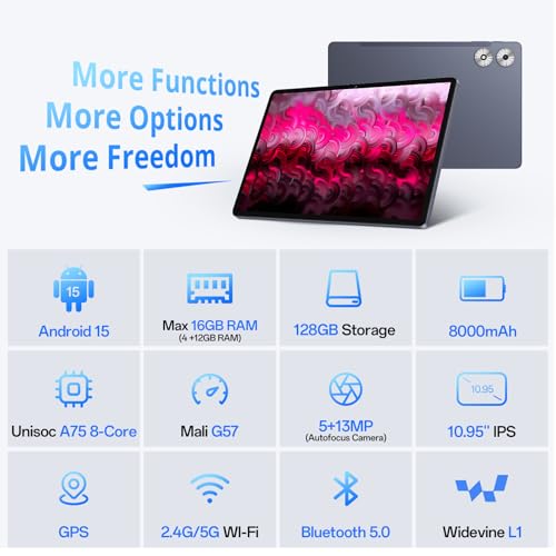 Image of Android Tablet 11 Inch Android 15 Tablet with Case, Octa-Core, 16GB RAM 128GB ROM Expandable, 8000mAh, 1280X800 FHD Display, Dual Camera 5MP+13MP, GPS, Bluetooth 5.0, 2.4G /5G Wi-Fi, Widevine L1,Gray