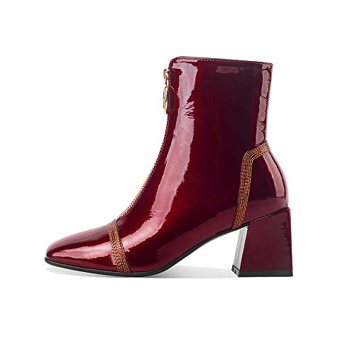 TinaCus Women's Patent Leather Square Toe Handmade Front Zipper Mid Chunky Heels Trendy Ankle Boots2