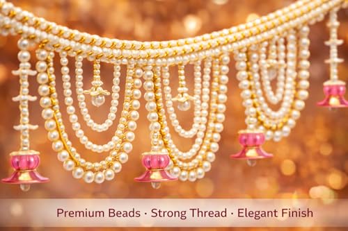 Image of Designer Pearl Beads Toran for Door | Pink Lotus Hanging Bandarwal | 3 Feet Length | Elegant Traditional Door & Pooja Decoration for Diwali, Wedding & Housewarming