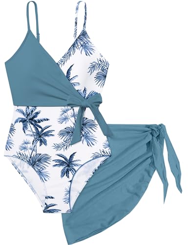 Girls Swimsuit One Piece Bathing Suit Tropical Floral with Adjustable Straps Girls'Swimwear with Cover Up 9-16T