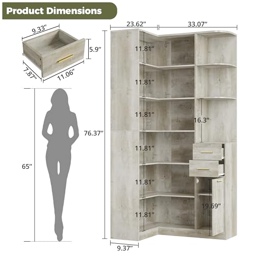IRONCK Corner Bookshelf, 76" Tall Corner Bookshelves, 6 Tiers L-Shaped Bookcase with 10 Open Shelves and 2 Storage Drawers for Living Room or Home Office - Image 3