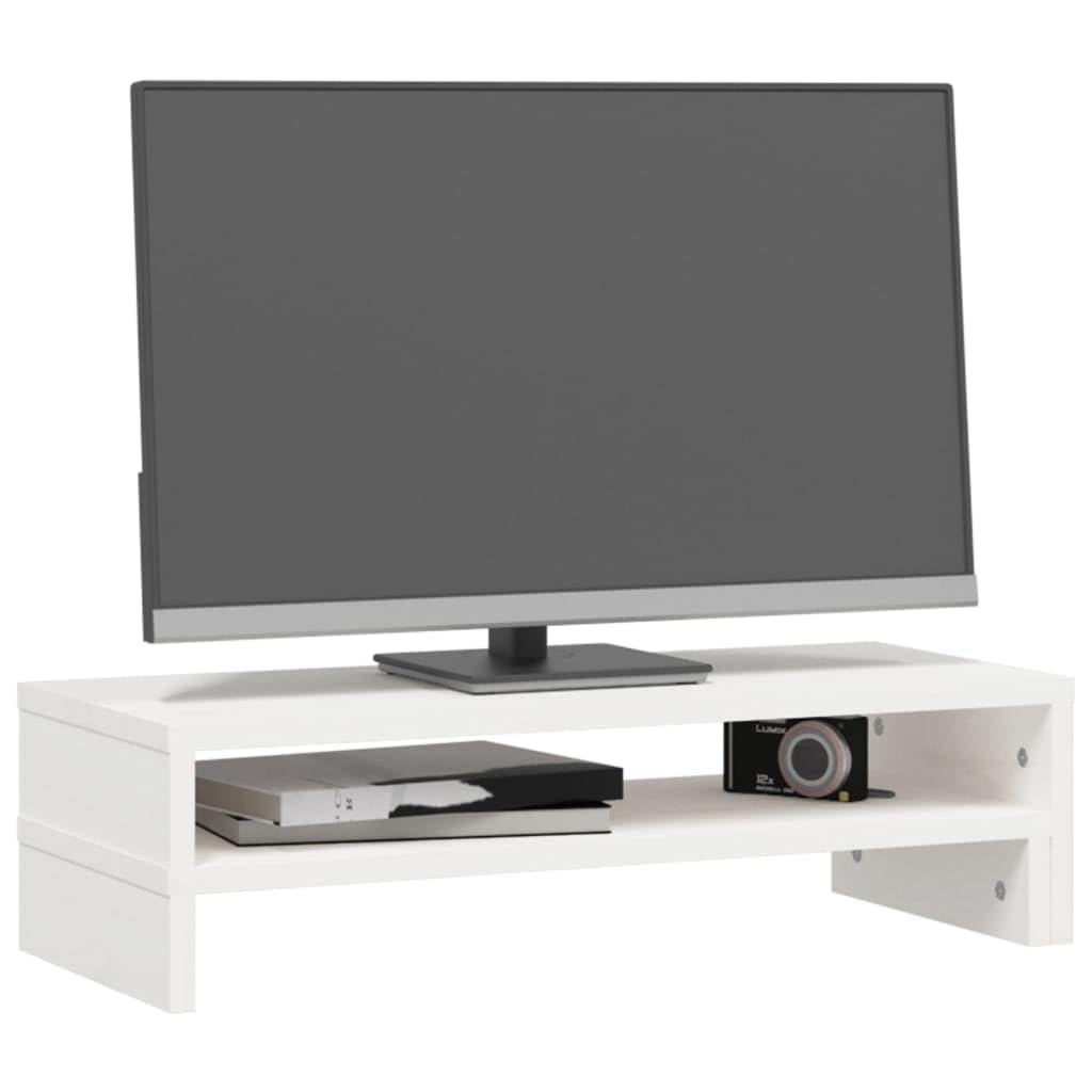 Supporto per monitor bianco in legno di pino massiccio, regolabile in altezza, 52-101 x 22 x 14 cm, supporto da scrivania con ripiano per tastiera per casa, gaming, workstation e ufficio