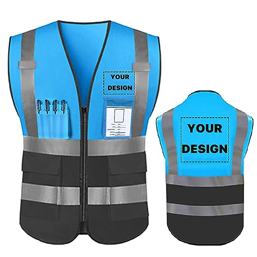 YOWESHOP High Reflective Visibility Safety Vest Custom Your Logo Safety Workwear with Reflective Strips and Pockets?Blue Black L