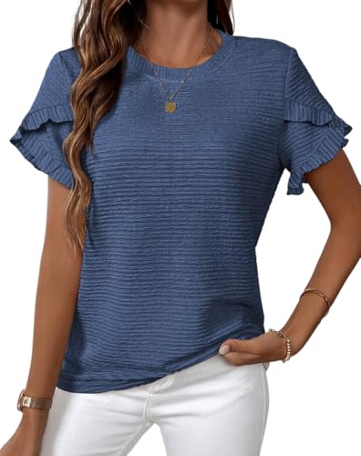 Womens Tops Casual Crew Neck Shirts Ruffle Short Sleeve Relaxed Textured Soft Cute Blouses for Women Summer Blouses