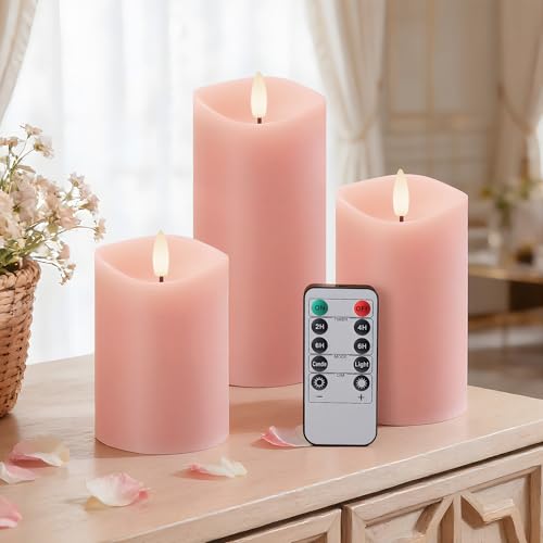 Velsyn Pink Flameless Candles with Remote and Timer, Real Wax