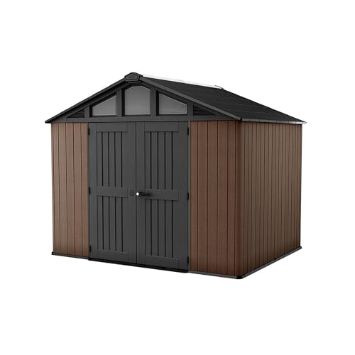 KETER Stronghold 10x8 Gartenhaus braun - Gerätehaus mit 7,1 m² Grundfläche, 6 Fenstern, Doppeltüren, stahlverstärkt, Holzoptik, inkl. Fußboden, 305 x 243 x 251 cm