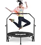 Zicjet トランポリン 室内 ゴムバンド式【安全設計・クッション付きの一体式カバー】 5段階調整 150㎏耐荷重 補助手すり付き 子供 大人 家庭用 大型 折りたたみ式 静音 トレーニング 筋トレ エクササイズ 室外 三色付き ブラック