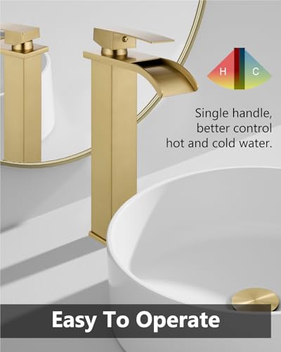 Robinet cascade haut pour vasque de salle de bain or brossé mitigeur monotrou chic - 6