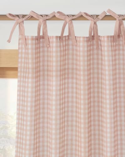 NICETOWN Blush Pink Gingham Curtains for Gilrs Room DIY Tie Top Bow Knot Plaid Window Drapes for Kids Room Cute Coquette Cottagecore Semi Sheer Light Filtering Drapes W52 x L84 2 Panels