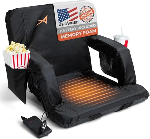 Heated Stadium Seats for Bleachers with Back Support Memory Foam  USB Battery Included - Upgraded 3 Levels of Heat - Foldable Chair - 4 Pockets for Snacks, Cup Holder - for Camping (Black 2.0)