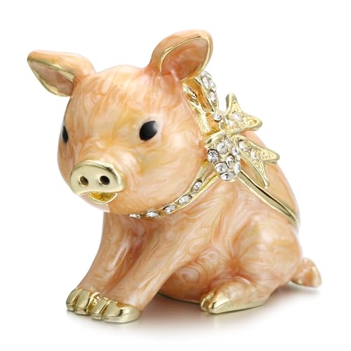 Vie jeune Hand Painted Enamel Hinged Trinket Box, Unique Mini Ring Necklace Jewelry Organizer, Classical Antique Bejeweled Storage, Figurine Collectible Keepsake Home Decor (Pig-Bowknot)