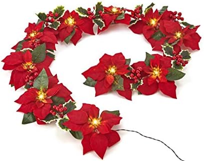HOMESEASONS Pre-Lit Velvet Silk Poinsettia 6 feet Garland with Red Berries and Holly Leaves - 2AA Battery Operated (1 Pack, Red)