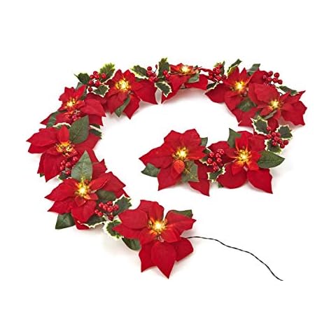 HOMESEASONS Christmas Decoration Garland,Pre-Lit Velvet Silk Poinsettia 6 Feet Garland with Red Berries and Holly Leaves, Christmas Garland (1 Pack, Red) Cover
