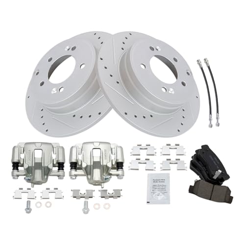 Image of TRQ Performance Rear Brake Pad and Rotor Set Ceramic Slotted Drilled G Coated Rotors Calipers Compatible with 2006 Hyundai Sonata